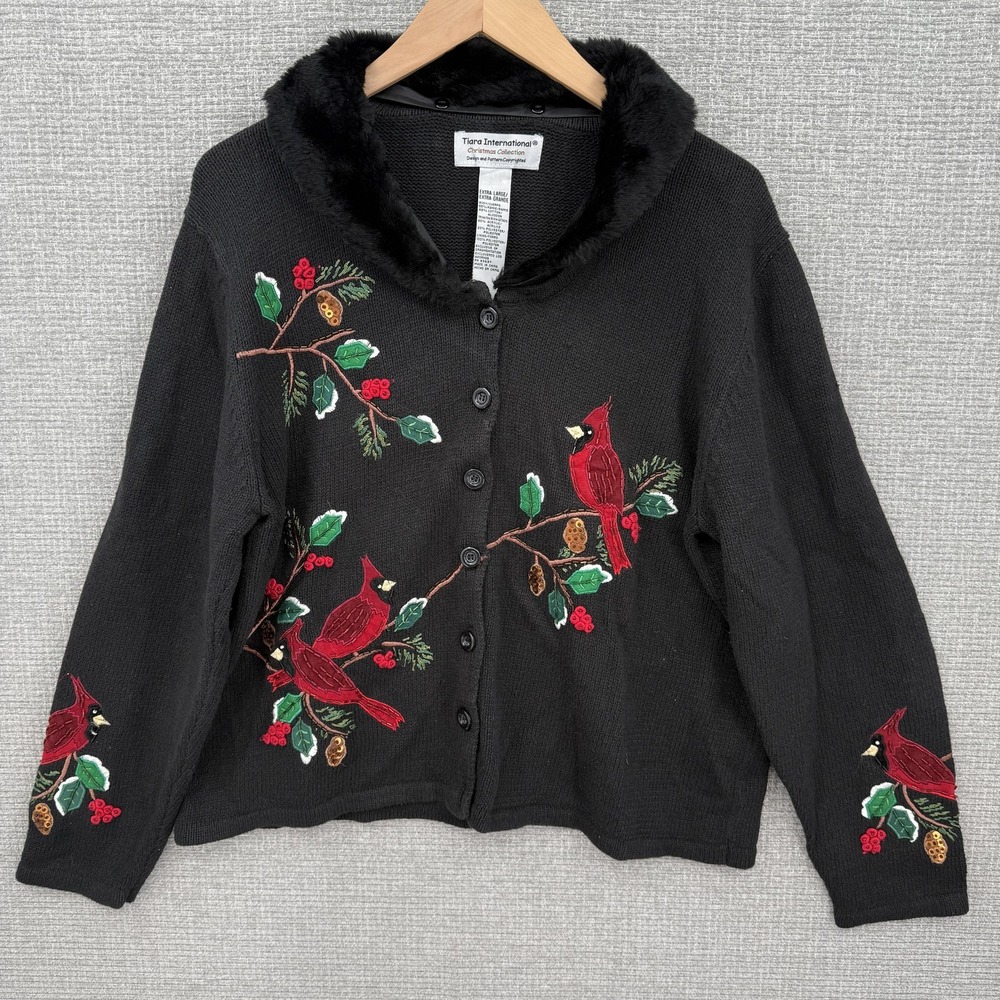 Tiara International Sweater Womens XL Christmas Cardinals Cardigan Faux Fur